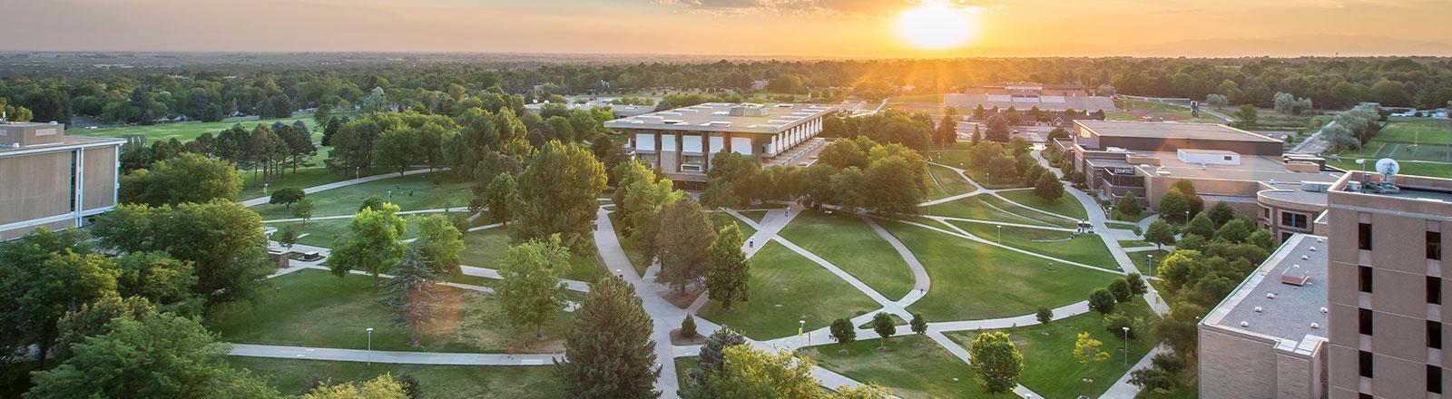 Aerial view of campus from the top of Lawrenson Hall